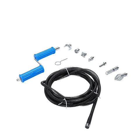Heavy Duty Drain Auger Attachment Five Meter Alloy Steel Snake With Six Cutting Blades For Stubborn Kitchen Tub And Shower Clogs Clears Deep Pipe Blockages Without A Single Sweat with blue handle and flexible coil