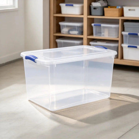 66 Quart Clear Plastic Storage Bin With Secure Blue Latch Lids Stackable Home Organization Tote For Garage Closet And Pantry. Clear, spacious container on a floor.