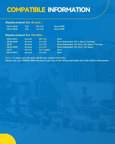 Compatibility information for rear wheel hub bearing assembly with ABS for Acura TLX and Honda Accord models from 2013 to 2020.