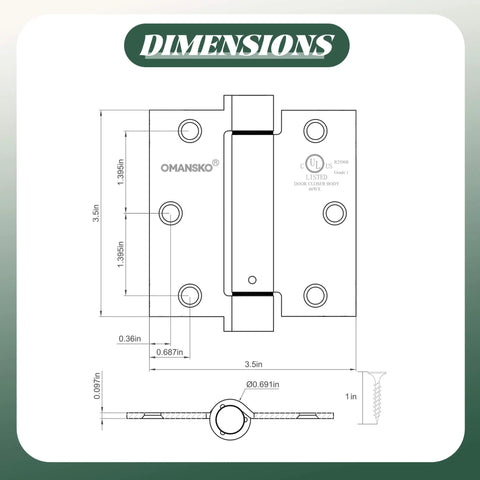 Diagram of Two Pack Self Closing Door Hinges Three Point Five Inch Matte Black Spring Loaded Auto Close Hinges dimensions