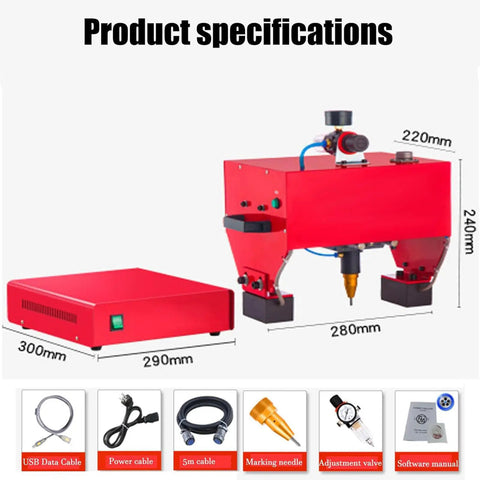 Rock Solid Portable Pneumatic Dot Peen Marking Machine For Vin Codes And Chassis Numbers, shown with product specifications and parts.