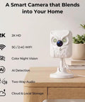 Keep Your Place Secure Hella Sharp 2K Indoor Camera With Full Color Night Vision And Dual Band Wifi for home monitoring on a wooden table.