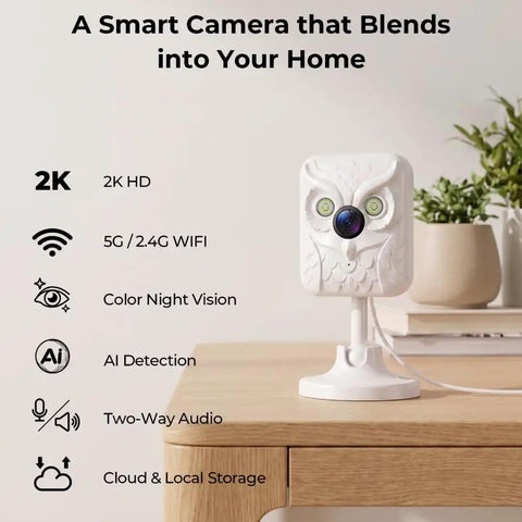 Keep Your Place Secure Hella Sharp 2K Indoor Camera With Full Color Night Vision And Dual Band Wifi for home monitoring on a wooden table.