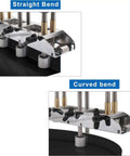 Three Station Sheet Metal Bender Roller for 0 to 90 Degree Bends, showing straight and curved bends on metal sheets.