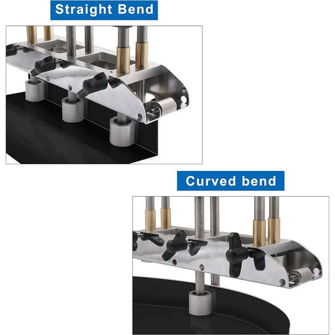 Close-up of Three-Station Roller Metal Bender Hand Tool showing straight and curved bends on metal sheets