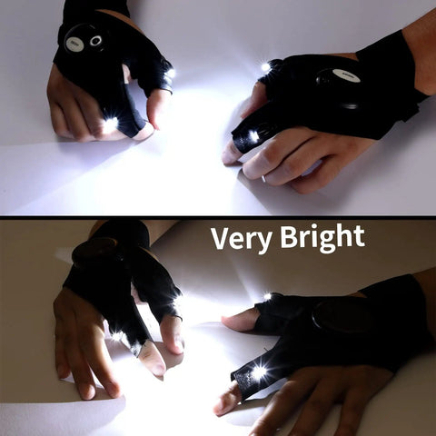 Rechargeable And Battery Powered Flashlight Gloves With Stretchy Strap For Night Runs, Car Repairs, Fishing, Black