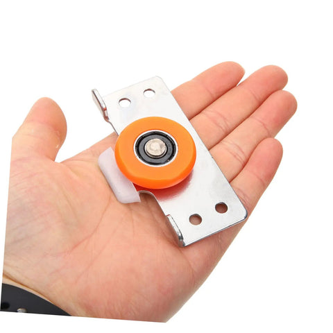 Heavy Duty Sliding Door Rollers Two Sets Silent Bearing Roller Pulleys For Wardrobe Closet Glass Cabinet with orange wheel on metal frame.