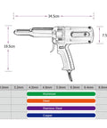 Heavy Duty 600W Electric Rivet Gun For 6.4Mm Blind Pop Rivets dimensions drawing with material compatibility chart.