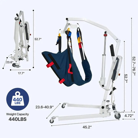 Rock Solid Folding Electric Patient Transfer Lift 440 Lbs Capacity, heavy duty with rotating jib arm shown in use for patient transfers.