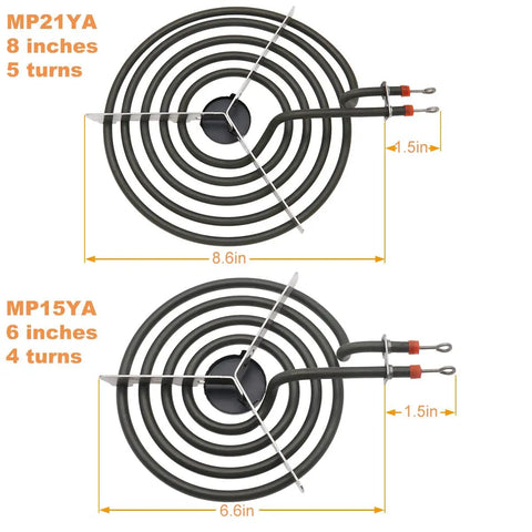 Chrome Drip Pans And Burner Element Replacement Kit For Frigidaire Kenmore Electric Range Includes MP15YA 6 Inch and MP21YA 8 Inch