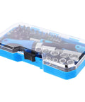 Gutsy Heavy Duty Ratchet Socket Wrench Kit With Extra Screwdriver Bits And A Snap Shut Carry Case Tough hand tool set in a clear blue case.