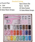 Premium Pink Snap Button Kit With Heavy Duty Aluminum Pliers And Full Die Set Including Resin Metal Snaps Plus Eyelet Grommets, detailed listing of tools and snaps.