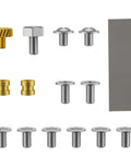 M.2 NVMe Solid State Drive Mounting Screw Kit and Aluminum 2.5 Inch External Hard Drive Enclosure Fastener Set includes gold and silver screws.