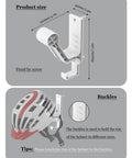 Heavy Duty Universal Helmet Wall Mount 2 Pack White Bike Gear Rack with size dimensions and buckle tips for secure storage.