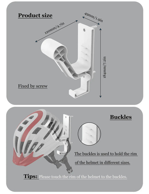 Heavy Duty Universal Helmet Wall Mount 2 Pack White Bike Gear Rack with size dimensions and buckle tips for secure storage.