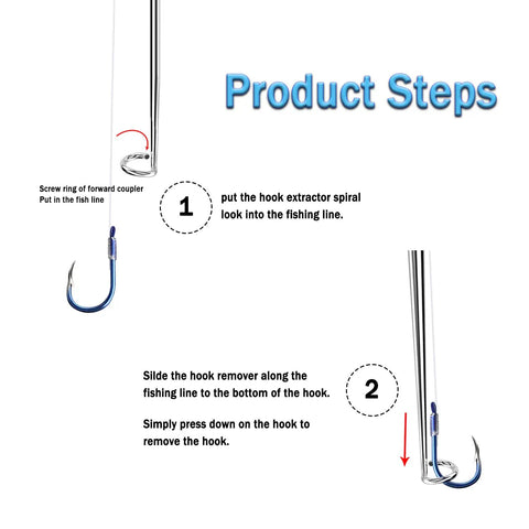 Fish Hook Remover Tool With Four Storage Tubes, Quick Hook Extraction Device demonstrating hook removal steps on fishing line.