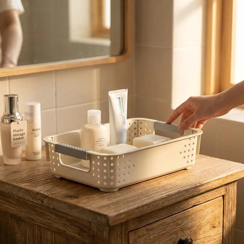Heavy Duty Plastic Storage Bins With Open Top Design For Zero Stress Home Organization on wooden cabinet with toiletries.