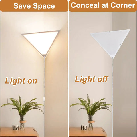 Triangle Corner Light With Switch, Plug In Ceiling Lamp for Dark Corners, Space Saving White Acrylic, light on and off view