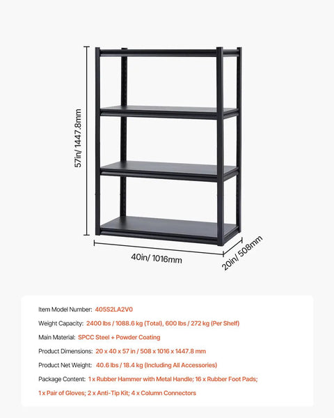 4 Tier Heavy Duty Storage Shelves With 2400 Lb Capacity Rock Solid Adjustable Metal Shelving Unit For Garage Warehouse Or Basement Built Like A Tank Steel, black, with four shelves, dimensions 20x40x57 inches.