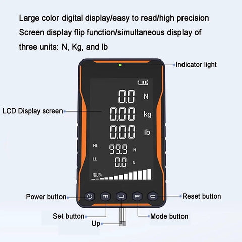 Straight Up Digital Force Gauge Handheld Push Pull Meter with large LCD display showing N, Kg, and lb measurements.