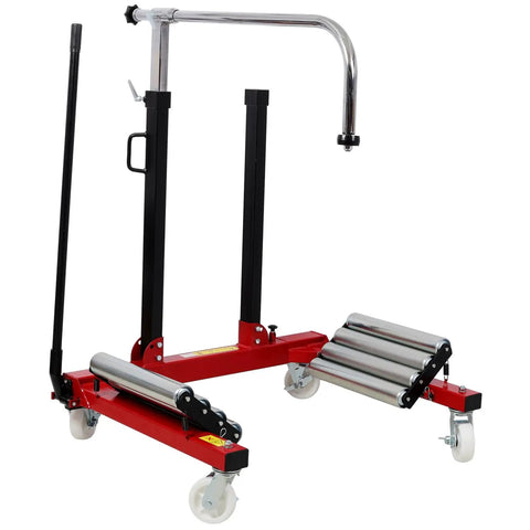 Heavy Duty Wheel Dolly Featuring Two Stage Hydraulic Pump With Four Heavy Duty Swivel Casters For Trucks And Tractors 2640 Lb Load Rating Steel Tire Cart Built Badass For Zero Sweat Rolling And Smooth Operator Precision In Black Red - side view