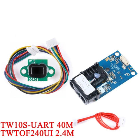 Top Shelf TW10S UART Laser Distance Sensor Module featuring precision infrared ranging, wires for connection, and compact design.