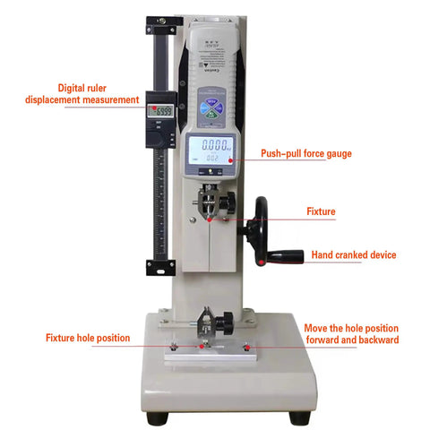 High Precision Digital Force Gauge With Manual Test Stand And Hand Wheel Push Pull Gauge For Tension And Compression Testing 8.6 Inch Stroke Clear Display Real Time Displacement Ball Screw Build ZP3000N, front view
