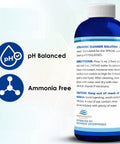 Ultrasonic eyeglass cleaner solution bottle, blue plastic with pH-balanced and ammonia-free icons, Northwest Enterprises.