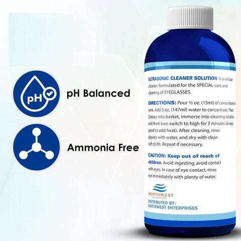Ultrasonic eyeglass cleaner solution bottle, blue plastic with pH-balanced and ammonia-free icons, Northwest Enterprises.