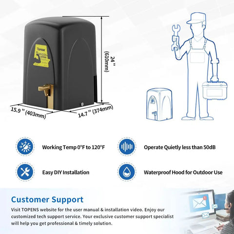 Rock Solid Commercial Chain Drive Sliding Gate Opener showing waterproof design and technical specifications for installation.