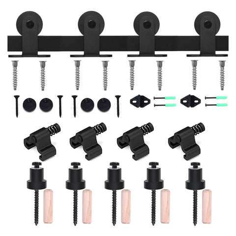 Built Tough Barn Door Hardware Kit 4 Foot Sliding Rail System includes black rollers, brackets, and screws for easy installation.