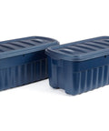 Heavy Duty 50 Gallon Stackable Plastic Storage Totes Two Pack With Secure Lids And Carry Handles Tough As Nails For Garage Junk Or Camping Gear Made In Usa, deep blue color, stacked view.