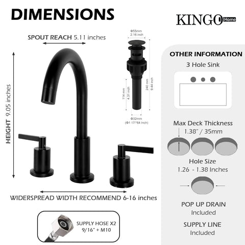 Widespread Three Hole Brushed Gold Bathroom Faucet With Two Handles Modern Brass Vanity Sink Faucet Includes Supply Hoses And Pop Up Drain Stopper For Easy Install dimensions and parts overview