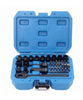 37 Piece 1/4 Inch Drive Slick Pass Through Ratchet Socket Set Featuring Smooth Bidirectional Swing Action And Beefy Chrome Steel Bits in blue case.