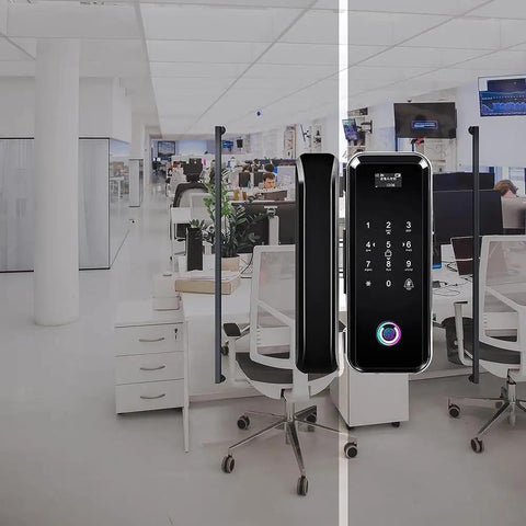 Heavy Duty Fingerprint Smart Deadbolt Lock With Numeric Keypad And Password Access Featuring No Fuss Keyless Entry Installation on office door.