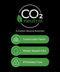 CO2 neutral logo highlighting sustainable paper, water-based inks, and phthalate-free materials for environmentally friendly products.