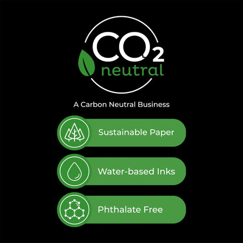 CO2 neutral logo highlighting sustainable paper, water-based inks, and phthalate-free materials for environmentally friendly products.