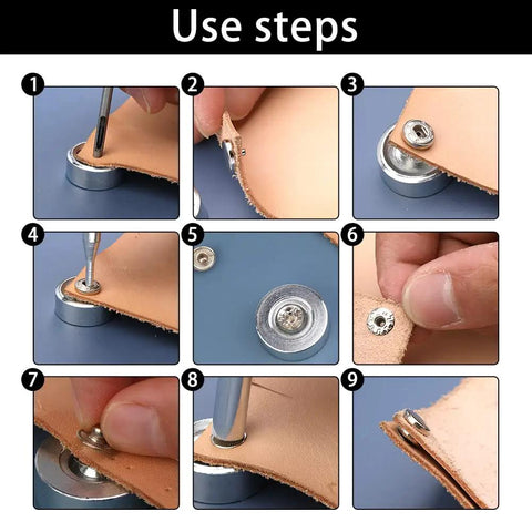 Top Shelf 50 Pair Leather Snap Fastener Kit 10Mm Silver Metal Snaps installation steps using tools on leather.
