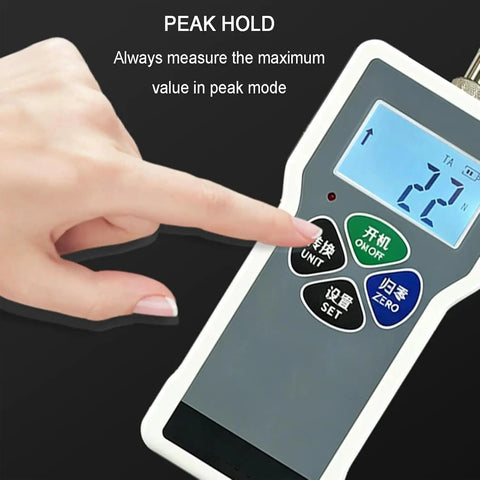 Badass Digital Push Pull Force Gauge That Delivers Straight Up Precise Load Cell Readings Across Four Units With Reliable Real Time Peak Capture Modes For Heavy Duty Workbench Testing, showing peak hold feature and control buttons.