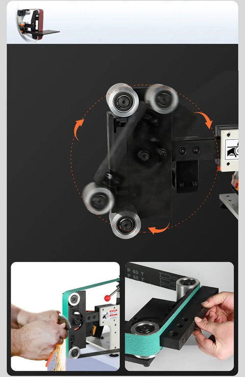 Rock Solid Brushless Belt Sander Paired With Adjustable Knife Grinder and Flip Angle Setup for sharpening tools in use.