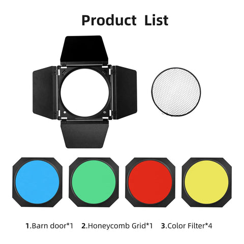Heavy Hitter Seven Inch Barn Door Lighting Kit With Adjustable Honeycomb Grid And Four Pumped Up Color Gel Filters components displayed.