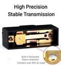 Heavy Duty Industrial Limit Switch Built Like A Tank With Short Spring Plunger And Screw Terminals, close-up of brass conductor and actuator.