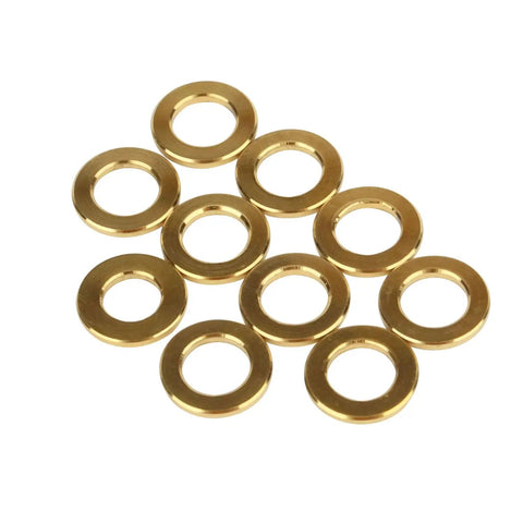 Gotta Have These Slick Gold Titanium Flat Washers M5 Size 10 Pack Heavy Duty Bicycle Hardware tight golden washers arranged on a surface.