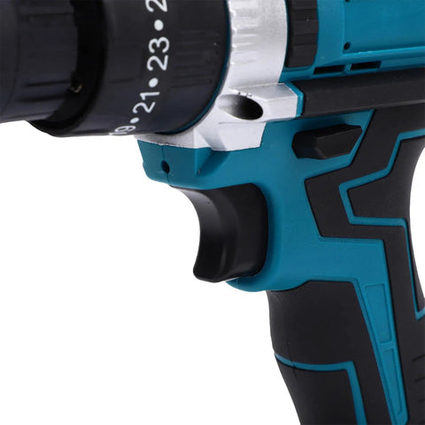 Close-up of trigger and chuck on 21V Brushless Cordless Drill Driver With Heavy Duty 10 Mm Chuck And Beast Mode 100 Nm Torque For No Sweat Wood Metal Drilling Plus Plug And Play Zero To Two Thousand Rpm Variable Speed.