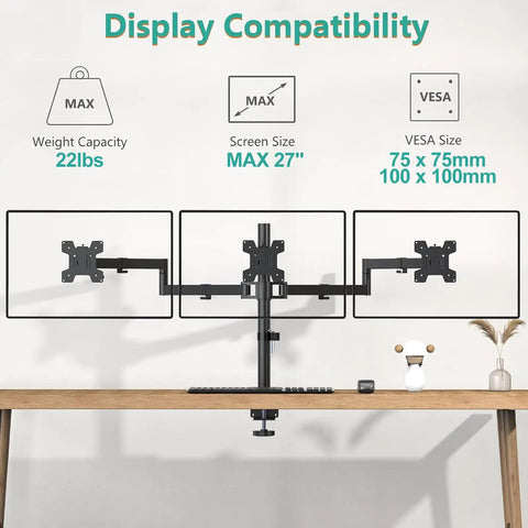 Kick Your Productivity Up A Notch With This Slick Triple Monitor Mount crafted for flat screens up to twenty seven inches, showing weight and size specs.