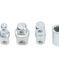 Four Piece Ratchet Wrench Socket Adapter Set With Chrome Vanadium Steel Construction Drive Converters And Reducers For Quarter Inch Three Eighths Inch And Half Inch Sizes Pro Grade Auto Repair And DIY, showing all four adapters side by side