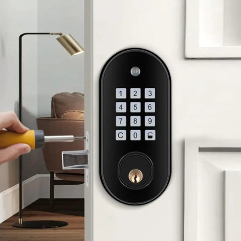 Slick Electronic Keypad Deadbolt For Wooden Doors Keyless Entry Security, installed on a wooden door with keypad visible.