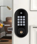 Heavy Duty Keyless Entry Door Lock With Bright Glowing Keypad Rock Solid Electronic Deadbolt installed on white door with screwdriver.