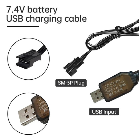 Two Pack 7.4V USB Charging Cable With SM3P Plug For RC Cars Trucks Tanks Huina 1575 DE43 DE60 And Other 7.4V LiPo Batteries Fast Safe USB Charger For RC Enthusiasts image showing SM-3P plug and USB input