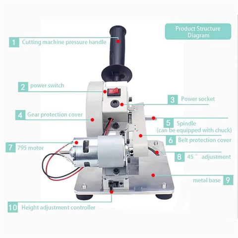 Heavy Duty Electric Mini Miter Saw With 45 Degree Adjustable Cutting Head And Integrated Chainsaw Feature For Smooth Ride DIY Woodworking labeled diagram showing key components.